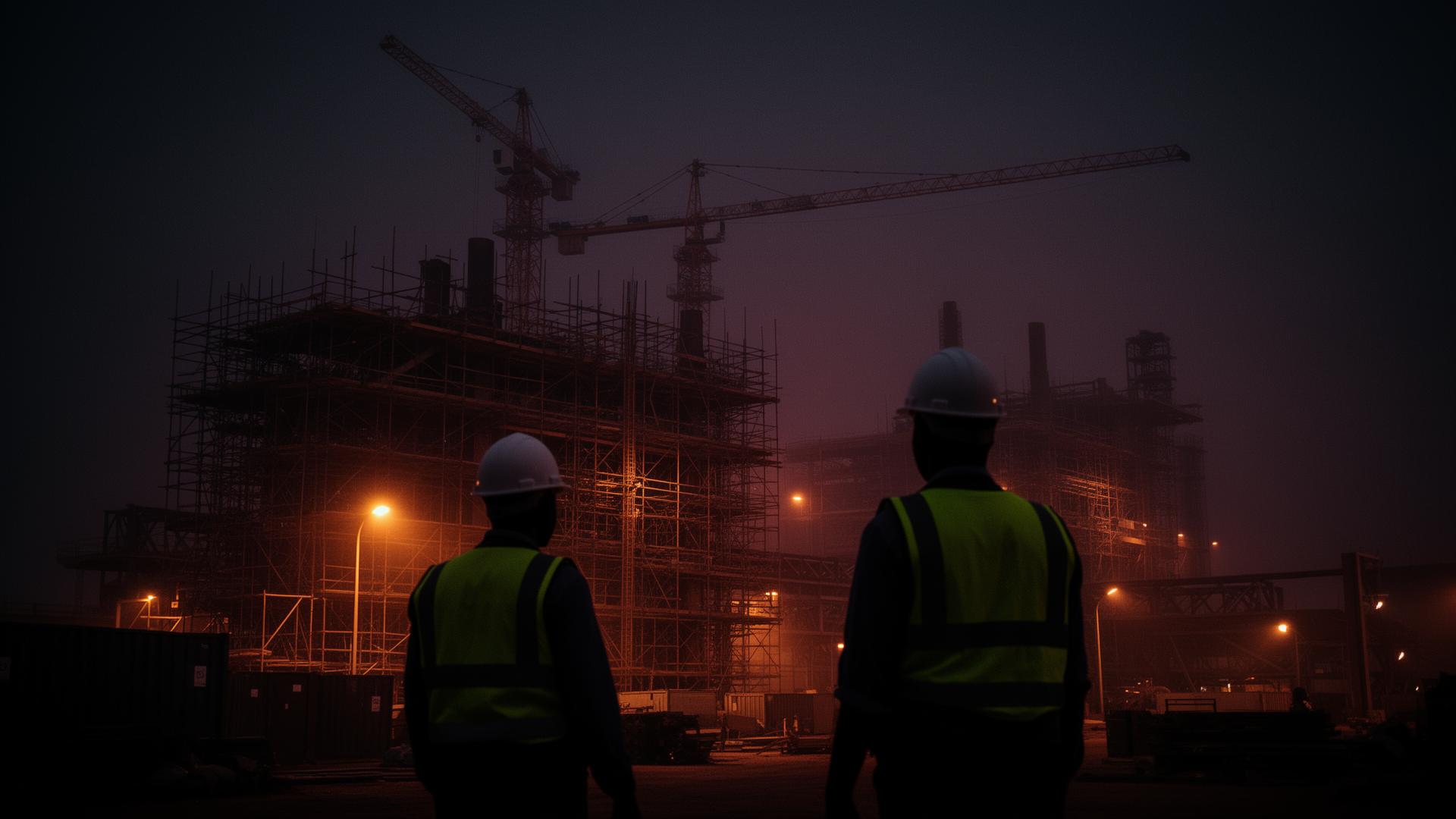 Engineers on an African industrial site at dusk